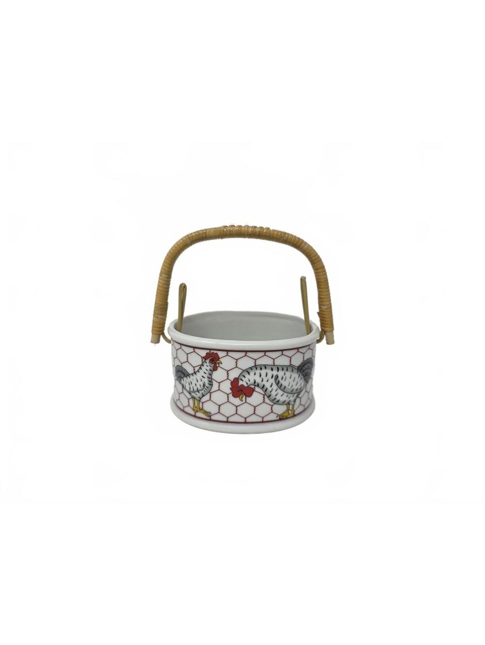 Vintage Takahashi Japan Chicken Ceramic Basket Woven Rattan Handle